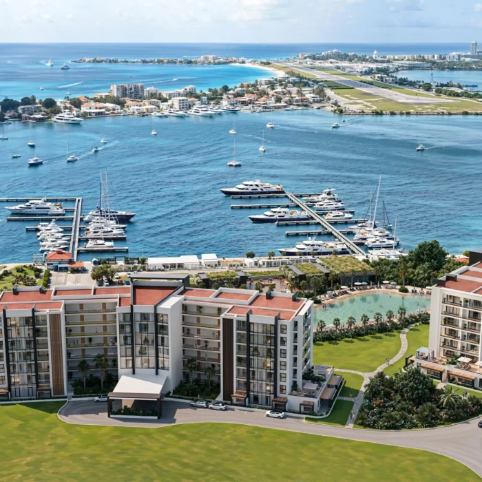 Aerial view of Port de Plaisance residences, marina and lagoon, Sint Maarten — 4U Real Estate
