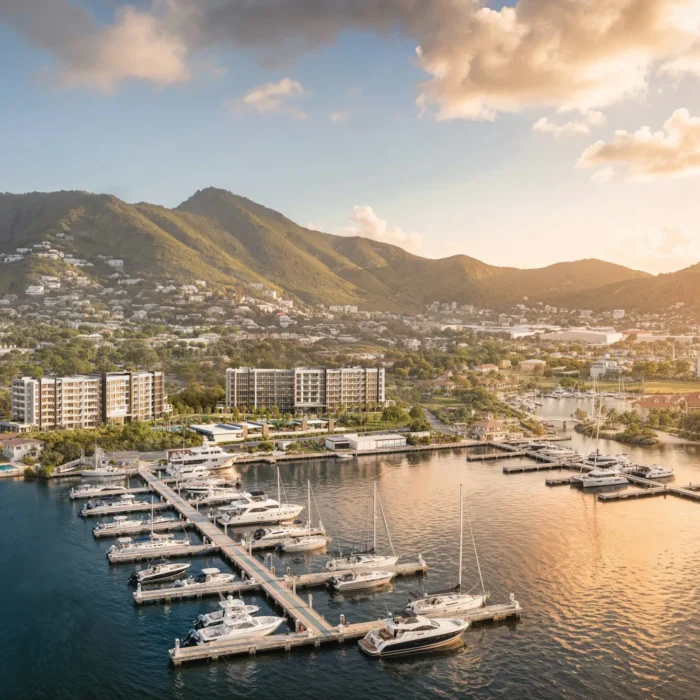 Port de Plaisance waterfront residences and marina at sunset, Sint Maarten — 4U Real Estate