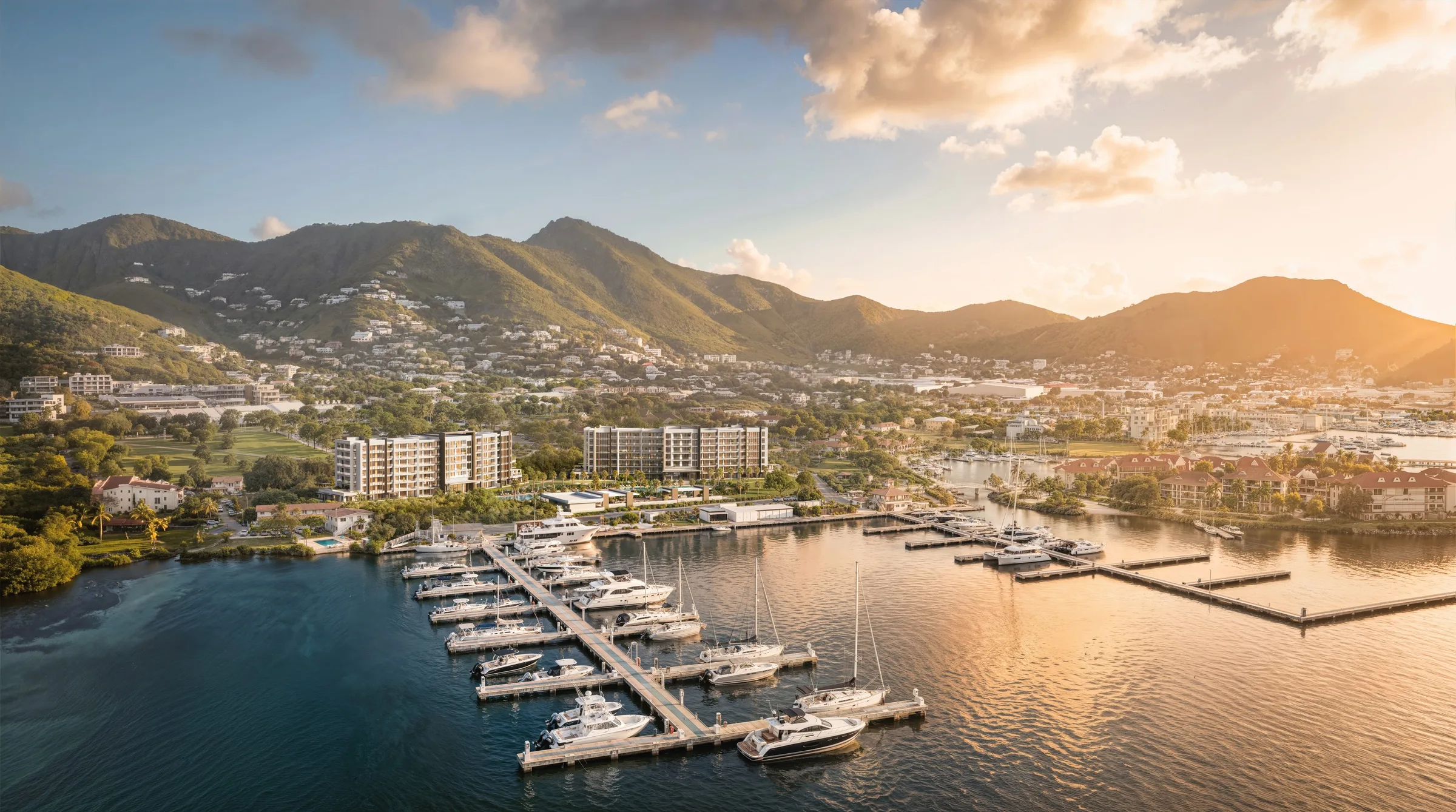 Port de Plaisance waterfront residences and marina at sunset, Sint Maarten — 4U Real Estate